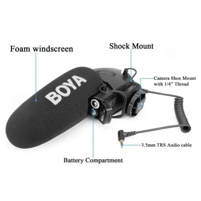 Boya On-Camera Shotgun condenser Microphone for DSLR, Mirrorless and Video Cameras &ndash; Black